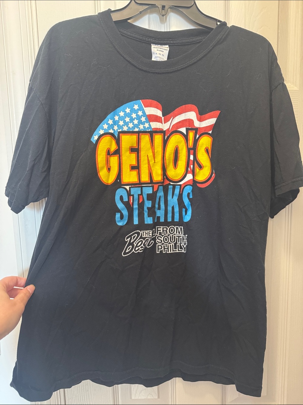 Jerzees Black Geno's Steaks Graphic Tee with Red, Yellow, Blue, White